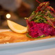 Red Beet in sour cherries & a Golden Beet carpacio!  - Roasted Beet Duo Salad at Monk McQueens Fresh Seafood and Oyster Bar