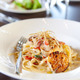 French seared George’s Bank Jumbo Sea Scallops, atop pecorino & basil creamed Linguini pasta - Scallop Linguini at Deep Blu Seafood Grille at Wydham Orlando Resort Bonnet Creek